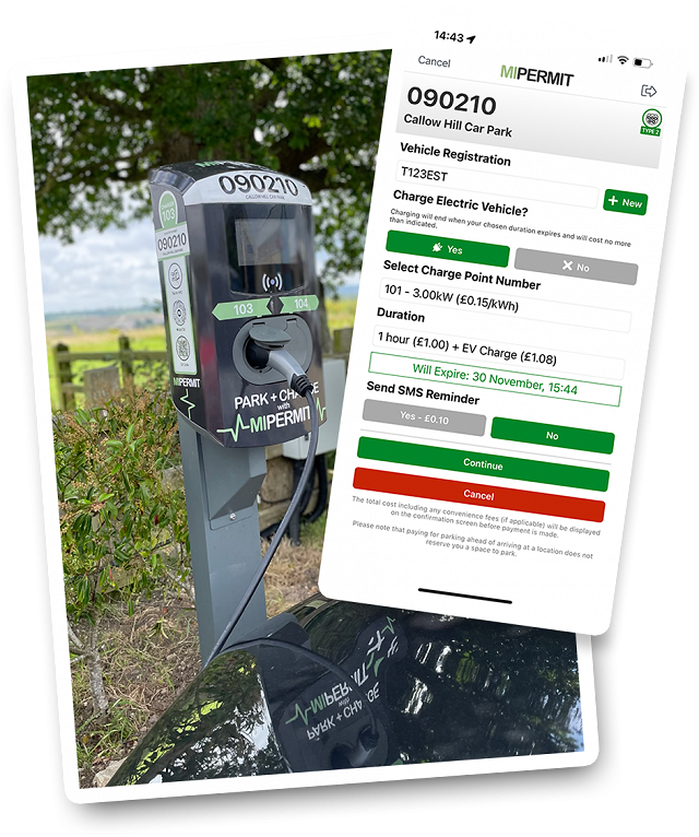Image showing a MiPermit branded EV charging point and the MiPermit app where you can pay for parking and EV charging.